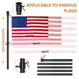 YeYeBest Flag Pole, 5 FT Flag Pole Kit for House, 2 No-Tangle Rings Clips, Flag Holder Bracket, Stainless Steel, Black