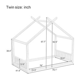 Ball & Cast Twin Size Montessori House Bed,Floor Bed Frame with Wooden Headboard and Footboard,Low Profile Fence Design,Suitable for Bedroom,Easy Assembly,White
