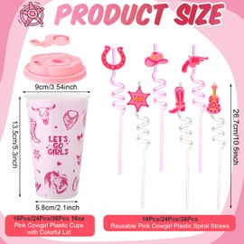 Yungyan 16 Sets Pink Cowgirl Party Favors Goodie Cups with Lids and Straws for Birthday Decorations Reusable 16oz Plastic Candy Cups Plastic Straws for Birthday Party (Pink Cowgirl)