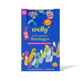 Welly Bandage Clip N' Go Tin & Refill Pack | Adhesive Flexible Fabric Bandages and Tin | Assorted Shapes and Patterns for Minor Cuts, Scrapes, and Wounds - 100 Count