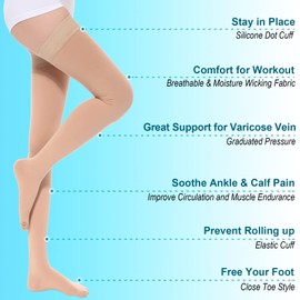 ZOECALA Closed Toe Thigh High Medical Compression Stockings for Women & Men 20-30 mmHg Firm Support Graduated Compression Hose Socks for Treatment Varicose Veins Swelling