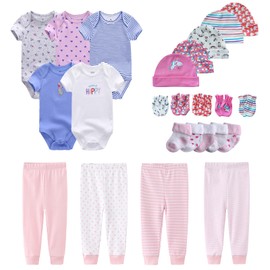 MAMIMAKA Conjunto de regalo para recién nacido, pantalones para bebé niña y niño, 24 piezas, 100% algodón, elementos esenciales y accesorios, Ropa Infantil Layette Sets 09, 3-6 Meses