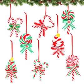 8pcs Candy Hanging Ornaments for Christmas Tree, Plastic Xmas Lollipop Decorations with Rope Sweet Peppermint Christmas Tree Ornaments Candy Cane Ornaments for Party Supplies Wreath Decor