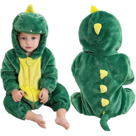 MICHLEY Unisex Baby Boy Girl Hooded Romper Winter Animal Cosplay Jumpsuit Outfits, Green Dinosaur, 24-30months, Size 110