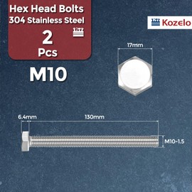 Kozelo 2 Pcs Hex Head Screws Bolts - [M10-1.5x130] 304 Stainless Steel Grade A2-70 Fully Threaded Hex Tap Metric Hexagon Head Machine Bolts Right Hand External Hex Drive, Silver