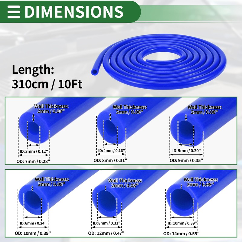 Motoforti Silicone Vacuum Tubing Hose Automotive Vacuum Line 10Ft 3/4/5/6/8/10mm
