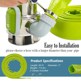 Green Expert 2 inch ID Lay Flat Discharge Hose 50 feet with Clamps Reinforced PVC Water Drain Hose Heavy Duty for Sump Pumps Quickly Water Removal Pool Backwash Filter Accessory Green 527506