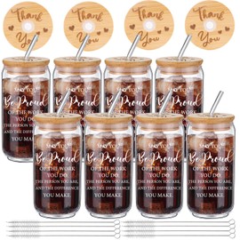 Tioncy 8 Pcs Thank You Gifts Employee Appreciation Gifts 16 oz Drinking Glass Iced Coffee Glass Cups with Bamboo Lids and Straws for Staff Coworker Team Women Men Birthday Christmas Gifts (Proud)