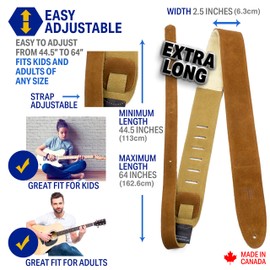 Perri's Leathers Ltd Guitar Strap, 2.5 Inch Wide Soft Suede, Super Soft Sheepskin Fur Pad, Adjustable Length, (DL325S-200-XL) Natural, X-Long, Made in Canada