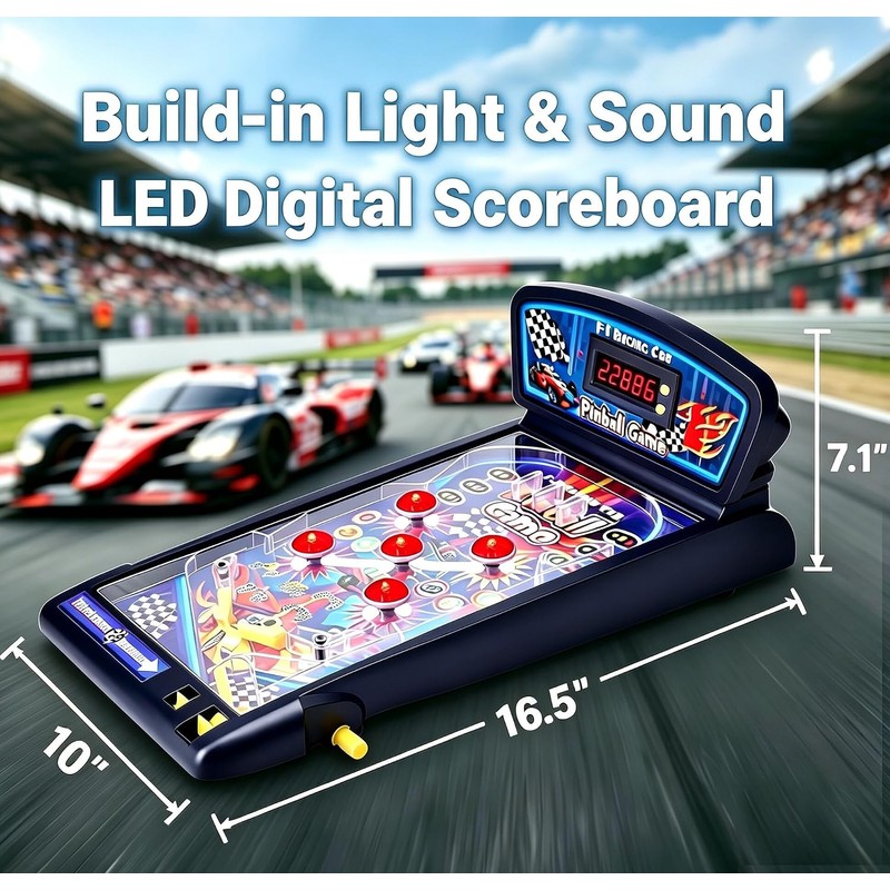 Racing Car Tabletop Pinball Machine, Retro Arcade Toy, Age 8+