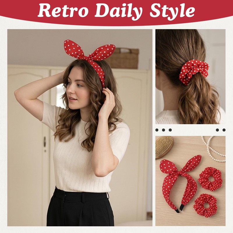 Red Polka Dot Headband and Hair Ties for Women 50s