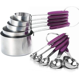 Measuring Spoons and Cups Set of 10 Pieces, Stainless Steel Utensils with BPA-Free Silicone Grips for Liquid & Dry Ingredients, Metal Scale for Kitchen Cooking Baking, Dishwasher-Safe, Purple