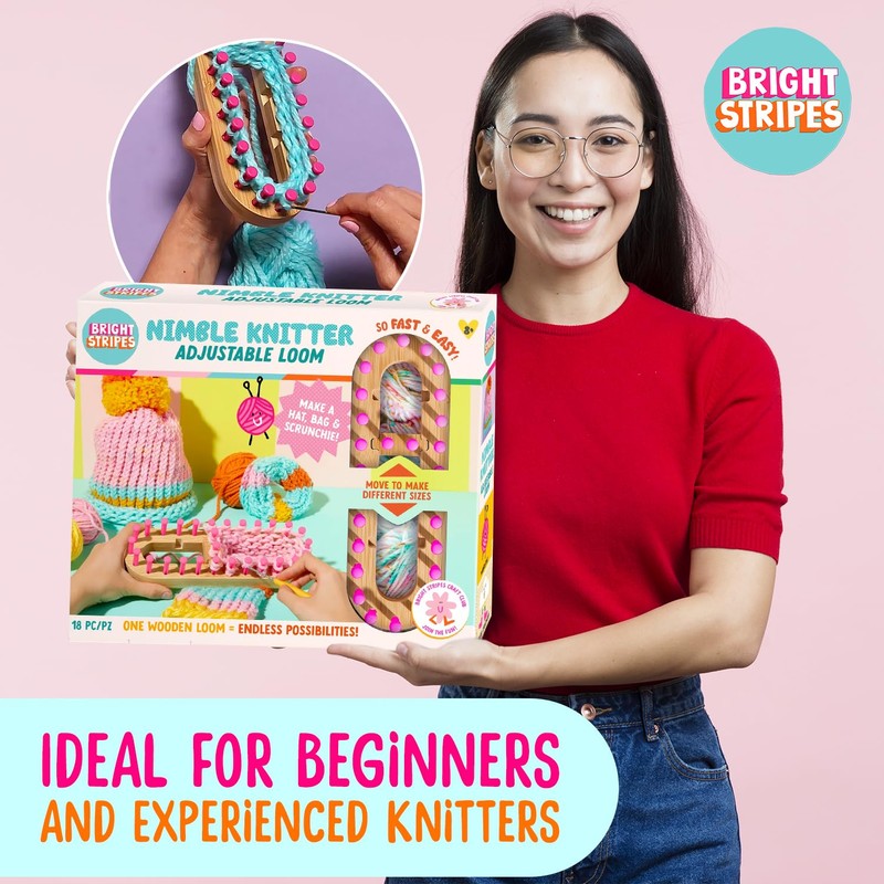 Bright Stripes Nimble Knitter Kit| 4-in-1 Adjustable Bamboo Loom with