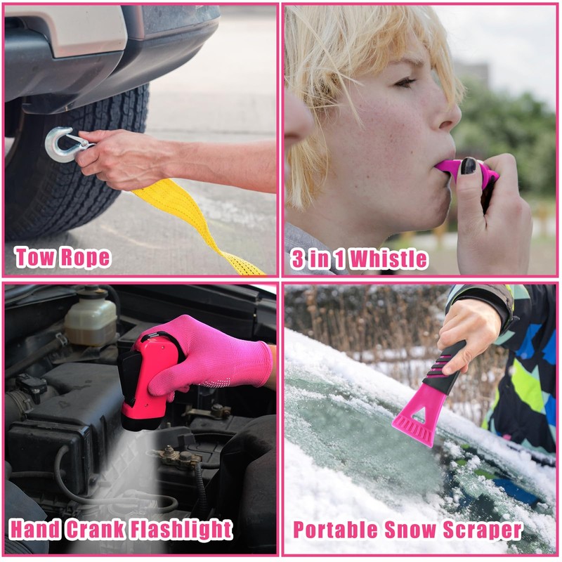 BHLUUIYER Car Emergency Kit, Pink Roadside Emergency Car Kit with