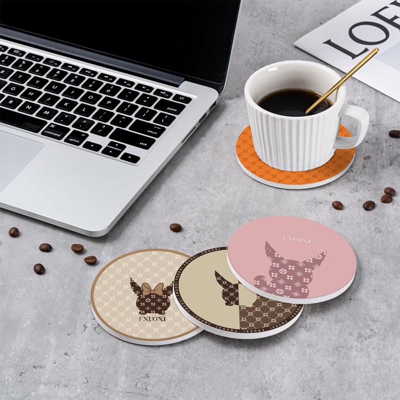 Light Luxury Cat Monogram Ceramic Round Absorbent Coasters with Cork