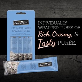 Fussie Cat Ocean Fish and Salmon Puree, lickable cat Treats, 0.5oz Pouch Pack of 4