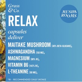 Grass & Co. Magnesium 200mg & Maitake Mushroom 400mg Capsules with Ashwagandha & Vitamin B6 | Relax | Supports Stress Relief | Calm | 60 Capsules, 30 Servings