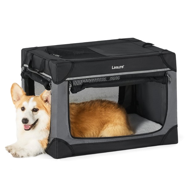Lesure Soft Collapsible Dog Crate - 26 Inch Portable Travel Dog Crate for Small Dogs Indoor & Outdoor, 4-Door Foldable Pet Kennel with Durable Mesh Windows (Black)