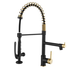 Commercial Kitchen Faucet Pull-Down Sprayer Brass Kitchen Faucet High Quality Kitchen FaucetsColor: Black and gold, Surface Finishing: Black and gold