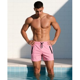 Mens Swim Trunks 5" with Mesh Lining Quick Dry Beach Shorts with Zipper Pockets Sports Swimming Trunks for Men, Pink, X-Small
