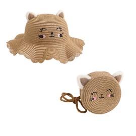 Lifenanny Girl Summer Wide Brim Floppy Beach Sun Hat Cute Straw Hat Woven Pocket with Cat Ears Suit for Outdoor Activities(Khaki)