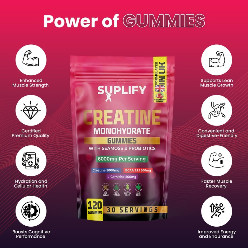Suplify, Max 5000mg, 120 Creatine Monohydrate Gummies, Added 500mg BCAAs