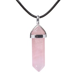 Natural Rose Quartz Gemstone Hexagonal Pointed Reiki Chakra Pendant Genuine Leather Necklace 18"