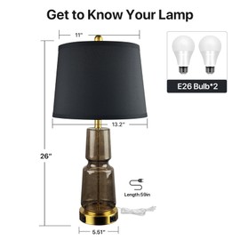 Galental Glass Table Lamp Set of 2 with USB A+C Ports, Dual Light Sources with Nightstand Lamp Black, 3-Color Temperature Adjustable Bedside Lamps, 26" Textured Gold Lamps for Bedroom, Home Office