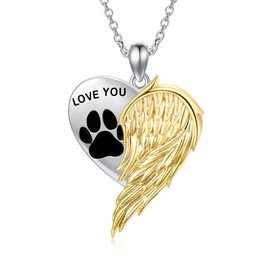 PELOVNY Sterling Silver Paw Print Necklace with Wings, Dog Cat Pet Memorial Gift for Women