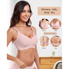 HORISUN Wireless Seamless Bras for Women No Underwire Wavy V Neck Soft Support Full Coverage Comfortable Bra (Pink,M)