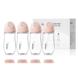Gulicola Natural Glass Baby Bottle 8 oz for Breastfed Babies, Anti-Colic Baby Bottle Set with Medium Flow Nipple, 3 Months +, 4 Pack - Pink