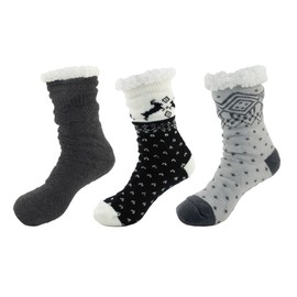 BambooMN Soft Cozy Fuzzy Cabin Fleece-lined Knitted Crew Socks, Assortment F, 3 Pairs