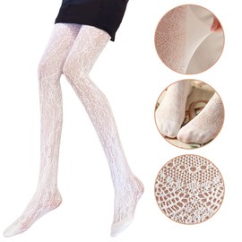 FEXPDL White Lace Tights for Women,2Pairs Patterned Tights for Women UK Lolita Vintage Fishnet Tights Lace Hollow Pantyhose(Milk White/One Size)
