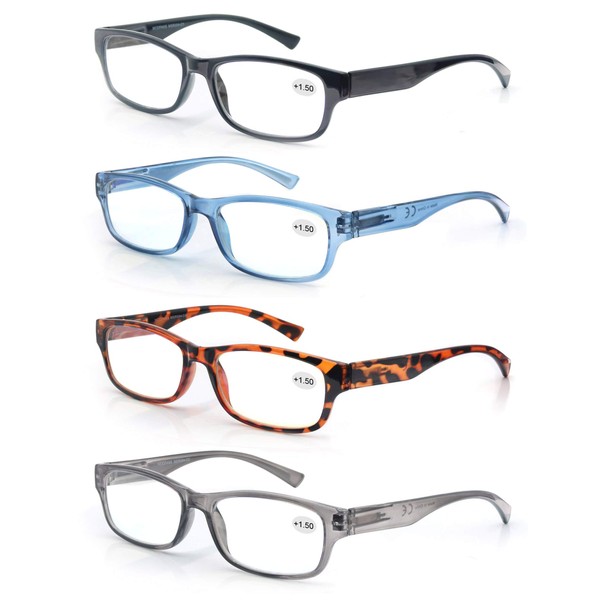MODFANS 4 Pack Plastic Frame Spring Hinges Reading Glasses Vintage Quality Comfort for Men and Women +2.50