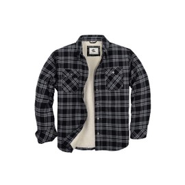 Pearl snap Men's Sherpa Lined Flannel Quilted Jacket Long Sleeve Cotton Plaid Button Up Down Jacket Winter Shirts(Gray Black 58# L)