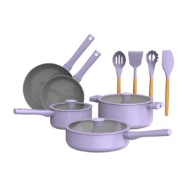So Yummy by bella 12 Piece Cookware Set w EverGood™ Ceramic Nonstick Coating​ and Silicone & Wood Utensils, Dishwasher Safe Silicone & Glass Lids, Oven Safe & All Stovetop Compatible, Lavender