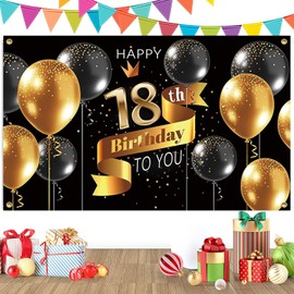Happy 18th Birthday Banner Backdrop Black and Gold Birthday Backdrop 18th Party Background for Boys Girls 18th Birthday Party Decorations