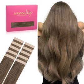 WENNALIFE Tape in Hair Extensions Human Hair Light Ash Brown Tape in Extensions, 10pcs 30g 24 inch Remy Invisible Tape Ins Straight Colored Soft Real Human Hair Tape in Extensions Refill Set