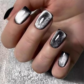 ANDGING Short Press on Nails Square Fantasy Black Glue on Nails with Bling Designs Glitter Pressons Fake Nails Gel Full Cover Manicure False Nails for Wedding Acrylic Stick on Nails for Women