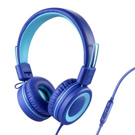 POWMEE P10 - Auriculares estéreo para niños con micrófono para niños y niñas, control de volumen ajustable de 85 dB/94 dB, auriculares plegables para escuela, PC/teléfono celular (azul)