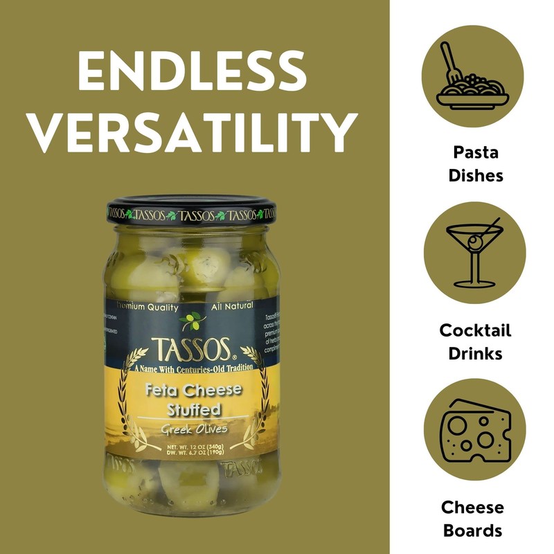 Tassos Stuffed Green Olives, Feta Cheese, 12 Ounce