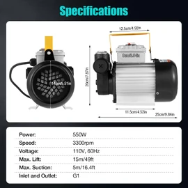 WUSILILU 110V AC Commercial Motor Electric Oil Pump,550W Self Priming Transfer Pump,5.28-15.85gal/min Oil Transfer Pumps for Vehicles,Construction Sites,Farms