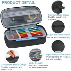 Betarami Black Pencil Case with Handle, Portable Stationery Case, Pencil Pouch, Large Pencil Case for Home, School &Office