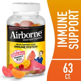Airborne Airborne 750mg Vitamin C Immune Support Supplement Gummies for Adults, Assorted Fruit Flavor, Gluten Free Crafted Blend with Powerful Antioxidants Vitamins A C & E, 63 Gummies (3 Pack)