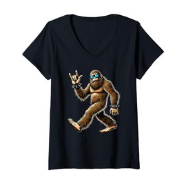Womens Rock On Bigfoot Sasquatch Sunglasses, Rock'n Roll Punk Look V-Neck T-Shirt