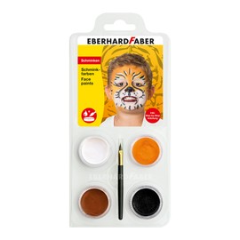 Eberhard Faber 579025 Tiger 4 Colours, Brush and Instructions, Water-Soluble, Quick Drying, Make-up Set for Children for Painting Faces, White, Ochre, Brown, Black