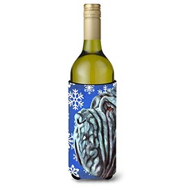 Caroline's Treasures LH9582LITERK Neapolitan Mastiff Winter Snowflakes Holiday Wine Bottle Hugger Bottle Cooler Sleeve Hugger Machine Washable Collapsible Insulator Beverage Insulated Holder