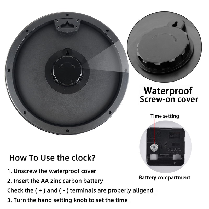 Caysie 16 Inch Sealed Large Outdoor Clock Waterproof, Silent Battery