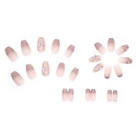 Press On Nails Short Ballet, Cute Design Fake Nails, Beautiful Bow Stick On Nails, Glitter Pearl Glue on Nails on 24PCS (Ballet Glitter Bow)