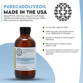 PureC60OliveOil C60 Organic MCT Coconut Oil 100ml / 3.4 Fl Oz - 99.95% Carbon 60 Solvent Free 40mg - Amber Glass Bottle - Food Grade - Carbon 60 Coconut Oil - From The Leading Global Producer